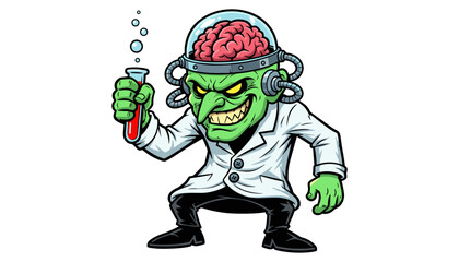 Mad scientist cartoon character with brain in jar test tube glass jar sci © MSTRUNA