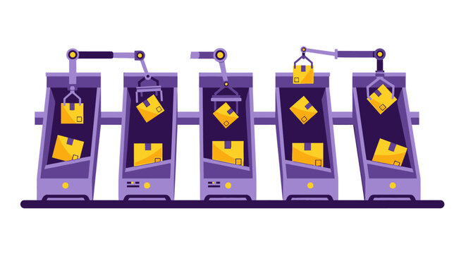 Automated Robotic Arm Assembly Line Sorting Packages. Flat Vector Illustration of Smart Warehouse Logistics and E-commerce Fulfillment Center Concept.