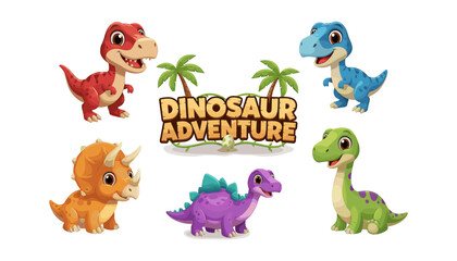 Cute colorful dinosaurs character collection with dinosaur adventure text © MSTRUNA