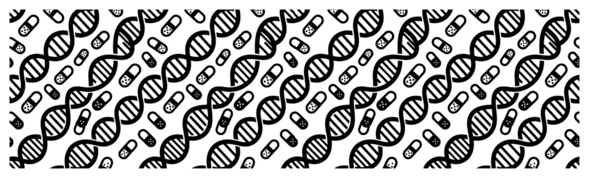 DNA double helix pattern with medical pills and bandages in clean science and healthcare style