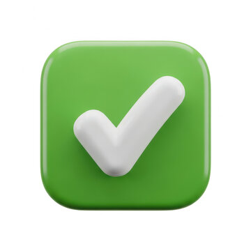 Green square button with white 3D checkmark icon checkmark positive