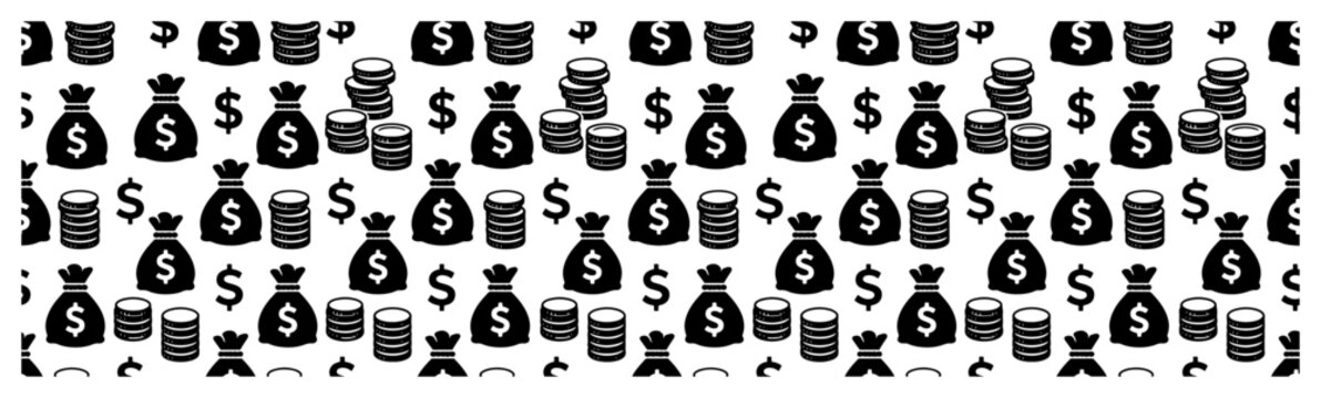 Money bags and stacks of coins with dollar symbols form a financial seamless pattern in a minimalist icon style