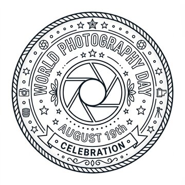 World photography day round stamp label with camera lens shutter icon for august 19th event celebration