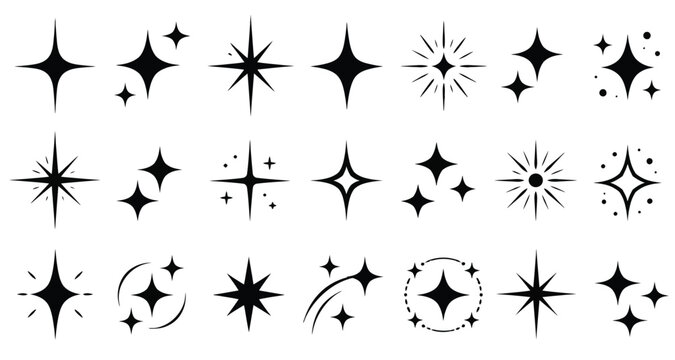 Black and White Vector Icons Set of Stars and Snowflakes Christmas Winter Decorative Symbol Collection Pattern Design Set
