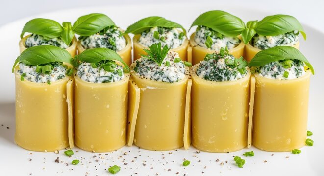 Elegant paccheri pasta rolls standing vertically, garnished with fresh basil leaves, cracked pepper, and herbs on a minimalist plate, still life, rolls, garnish