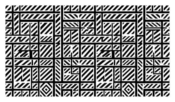 Geometric grid pattern with diagonal hatch lines and architectural squares in abstract industrial style