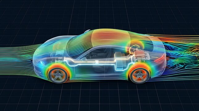 Electric car aerodynamics simulation and internal tech visualization