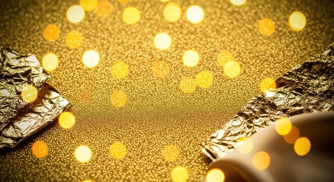 Fondo festivo con texturas doradas brillantes y luces desenfocadas que crean un ambiente c&aacute;lido y m&aacute;gico para celebraciones especiales, navide&ntilde;o, brillo, luces