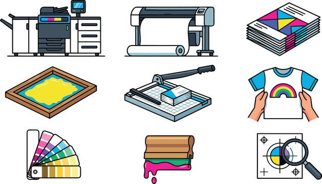 Commercial Printing and Polygraphy Services Icon Set with Plotter Screen Printing T Shirt Press Color Palette and Cutting Machine Vector Illustrations