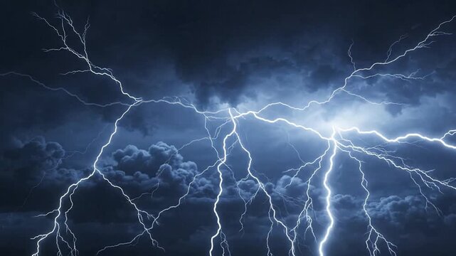 Intense lightning storm strikes in dark night sky, dramatic thunderstorm weather background electricity