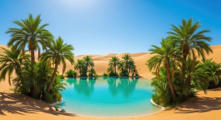 Fototapeta premium Lush green palm trees surround a vibrant turquoise water pool in the center of vast golden sand dunes under a clear and sunny blue sky, landscape, arid, shadows