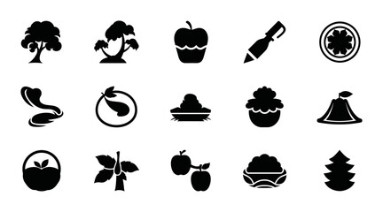 Naklejka premium Minimalist Nature And Food Icon Set Featuring Trees Apples Plant Leaves And Mountain Silhouettes For Graphic Design Projects And Digital Interfaces