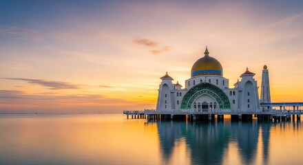 Obraz premium Majestic mosque stands on stilts over the tranquil ocean during a golden sunset, its golden dome and minarets reflecting in the blue water, serene, architecture, exterior
