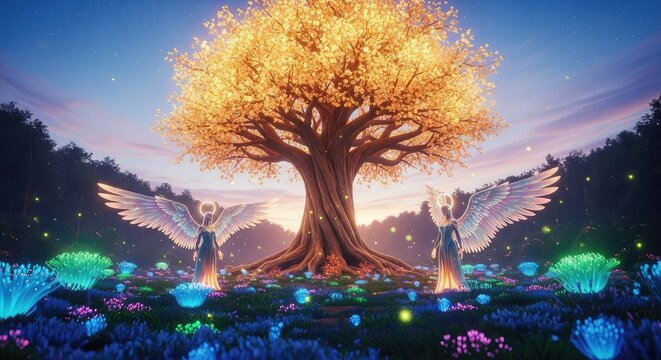Majestic winged celestial entities stand sentinel before a luminous ancient tree with golden foliage amidst a mystical, glowing garden, peace, sentinel, legend
