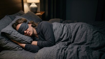 Fototapeta premium Person Sleeping Peacefully in Dark Bedroom Wearing Eye Mask for Sleep.