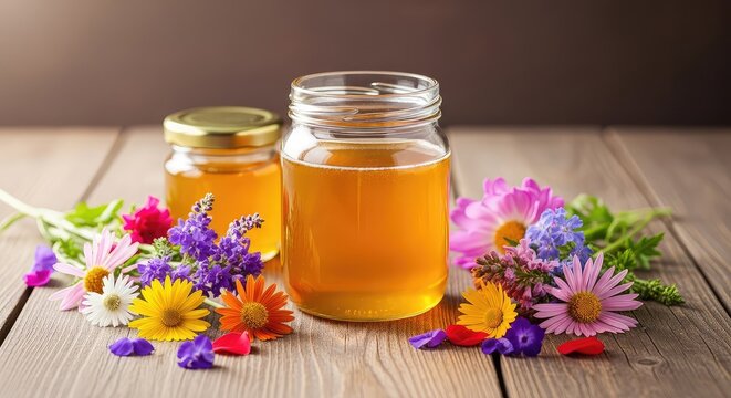 Potes de vidro com mel dourado em mesa de madeira r&uacute;stica, cercados por flores silvestres coloridas sob luz natural suave de uma manh&atilde;, dourado, buqu&ecirc;, fundo