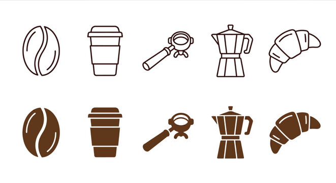 Set of vector kitchen and bar tools icon set featuring coffee cup, tea, wine, beer and cocktail beverage symbols with restaurant cafe and bar elements isolated on black background