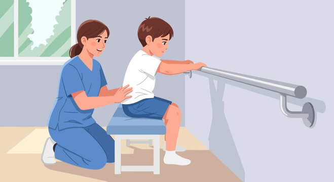 Child rehabilitation with physiotherapist using parallel bars
