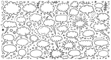 A black and white illustration of various comic book style speech bubbles, clouds, stars, and hearts © Ashok