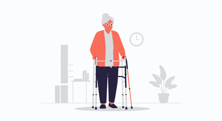Fototapeta premium Elderly woman with walker, symbolizing independence and active aging in a modern home.