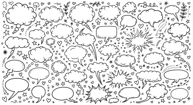 A black and white illustration of various comic book style speech bubbles, clouds, stars, and hearts