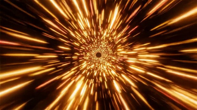 Golden light speed warp tunnel abstract background, hyperspace travel effect, futuristic sci-fi motion for digital presentations