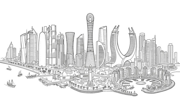 Doha Qatar Landmark Skyline Silhouette Black and White Line Drawing Vector Illustration