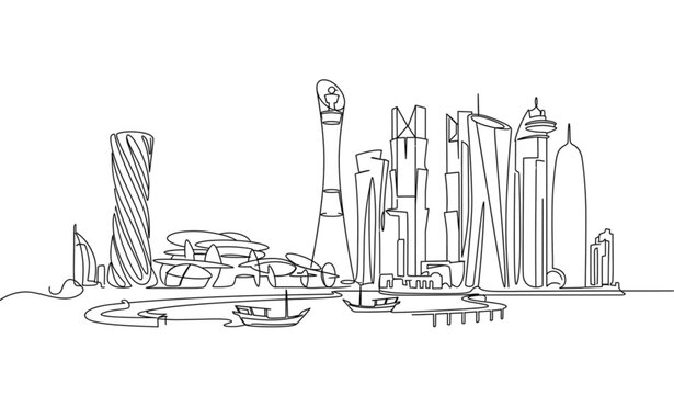 Minimal Doha Qatar City Skyline Outline Drawing Architectural Line Art Vector