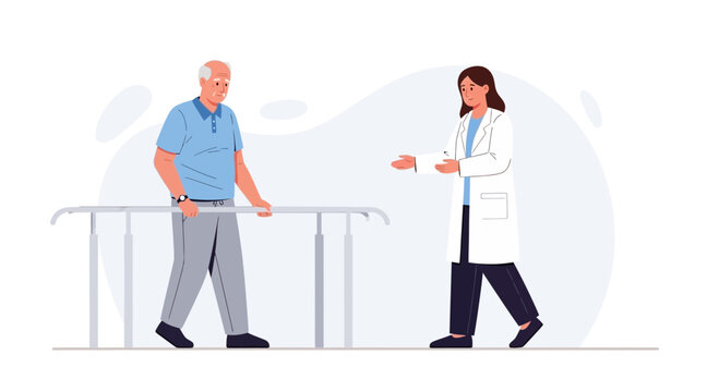 Senior man in physical therapy, assisted by medical professional with parallel bars