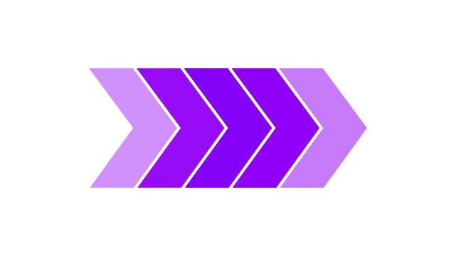 Set of purple arrows pointing right in a row showing progression and direction for business presentation or web design graphics in a simple modern flat style illustration