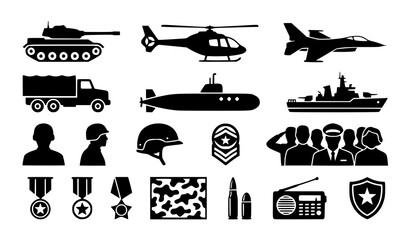 Military and Armed Forces Silhouette Vector Icon Set Featuring Tank Helicopter Fighter Jet Submarine Warship Soldiers Medals Camouflage and Defense Equipment Symbols © Hosneara