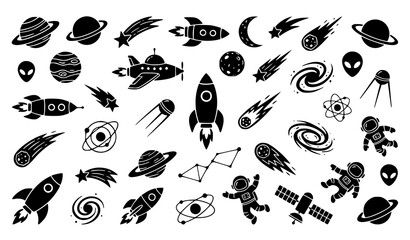 Outer Space and Galaxy Solid Silhouette Icon Set with Rockets Astronauts Planets Comets Meteors Satellites and Alien Symbols for Cosmic Designs © Hosneara