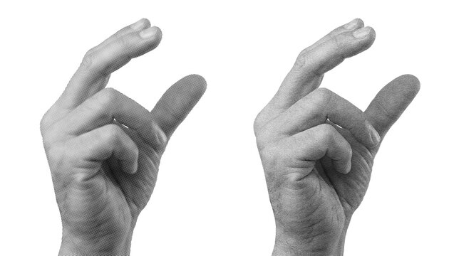 Grayscale Halftone Human Hands Making a Pinching Gesture Isolated on White Background