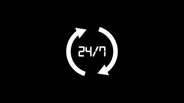 White 24 7 support icon with circular arrows on a black background representing constant availability and round the clock service for business communication and customer help assistance