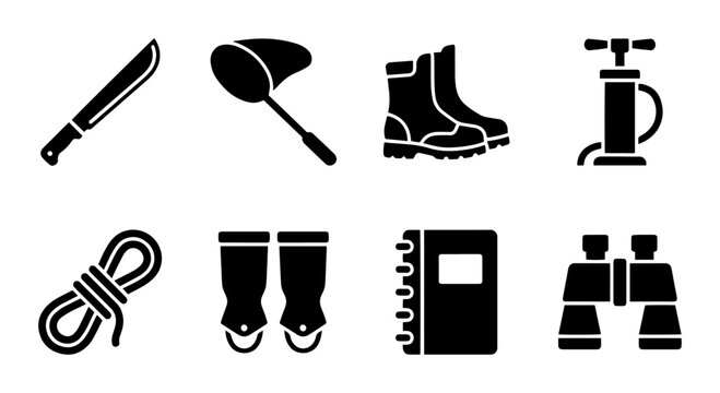 Outdoor Adventure Gear Icons: Machete, Net, Boots, Pump, Rope, Binoculars, Notebook