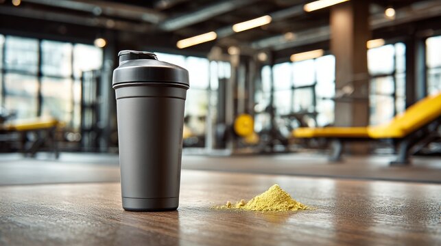 A protein shaker bottle sits next to a pile of supplement powder on a wooden floor inside a gym.