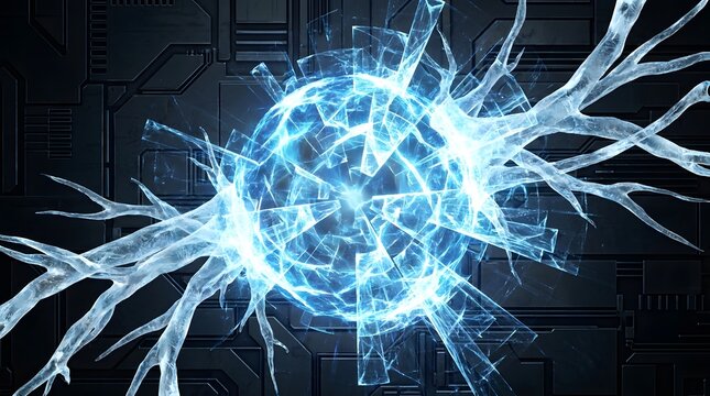 Abstract futuristic white and blue energy core explosion with intricate fractal patterns and glowing icy tendrils