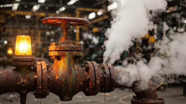 Industrial pipe leak with warning light: steam escaping from rusted valve in factory