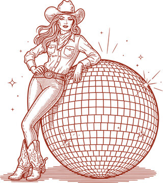 Vintage engraving of a cowgirl leaning on a sparkling disco ball retro western style illustration