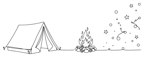 Camping tent with bonfire and starry sky in continuous one line drawing style © Mago