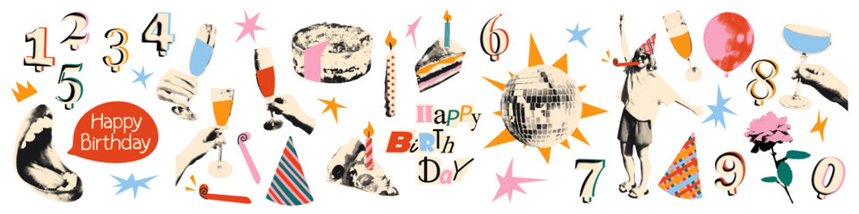 Naklejka na ściany i meble Happy birthday halftone collage cut outs set. Funny stickers with vintage dot texture and doodles. Party hat, cheers hands, champagne, cake, candle, numbers. Modern retro vector illustration isolated