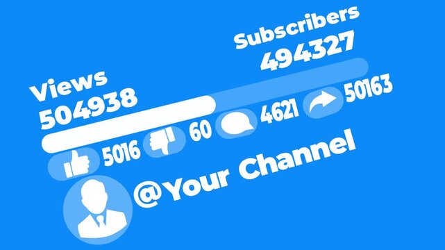 Social media video channel analytics interface with view count subscriber count likes comments and share buttons on a bright blue background