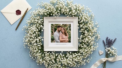 Fototapeta premium Romantic Couples Photo Framed in Delicate Babys Breath Wreath with Vintage Envelope.
