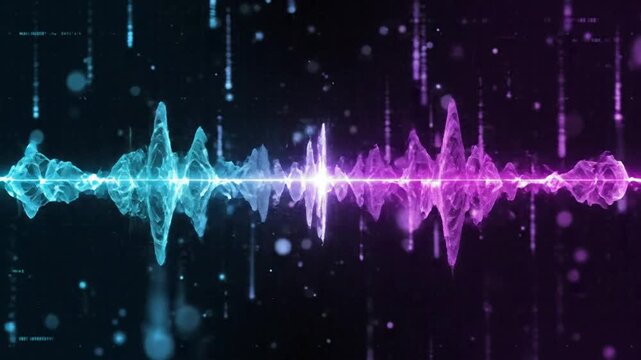 Neon digital audio waveform visualization, abstract sound frequency pulse background, with glowing particles, and data streams