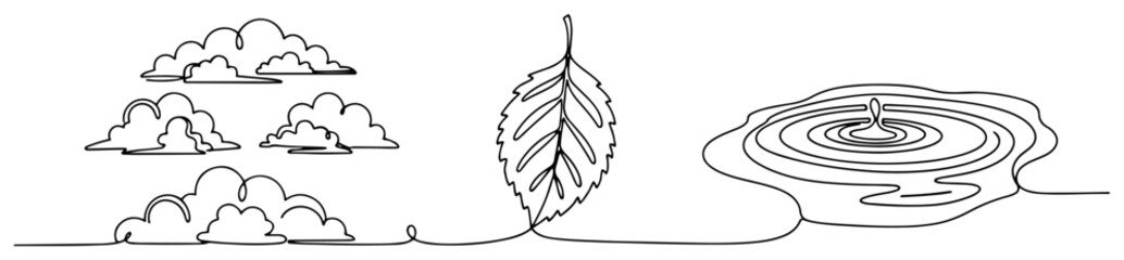 Rain clouds with falling leaf and water ripples in continuous one line art style © Mago