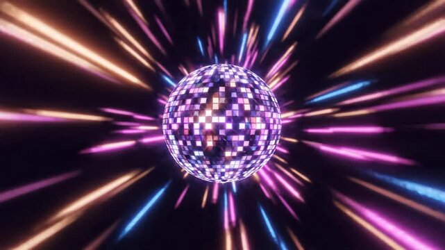 Disco ball hyperspace warp tunnel effect with neon light streaks and glowing particles mirror ball warp speed