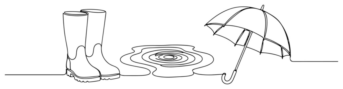 Rubber boots with water puddle and umbrella in continuous one line drawing style