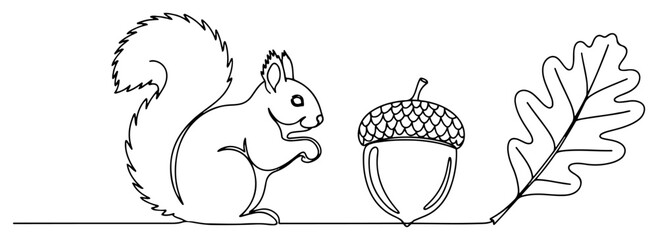Squirrel with acorn and oak leaf in continuous one line art style © Mago