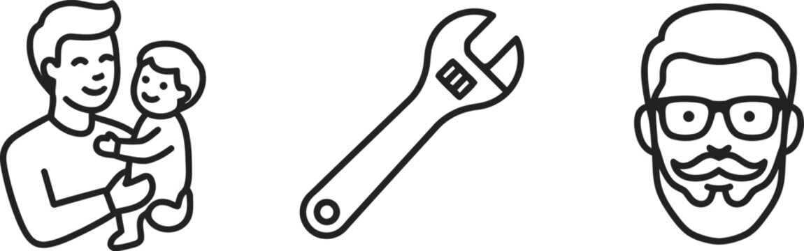 Black line icons of man with baby, wrench and bearded man
