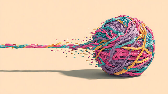 Abstract tangled thread unraveling into a smooth strand, symbolizing emotional release, mental health recovery, stress reduction, resilience, healing, clarity and psychological wellbeing